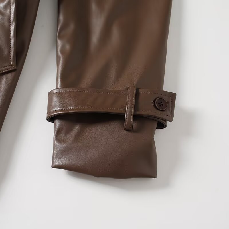 Women's new fashion with Belt long style double breasted faux leather Windbreaker Coat