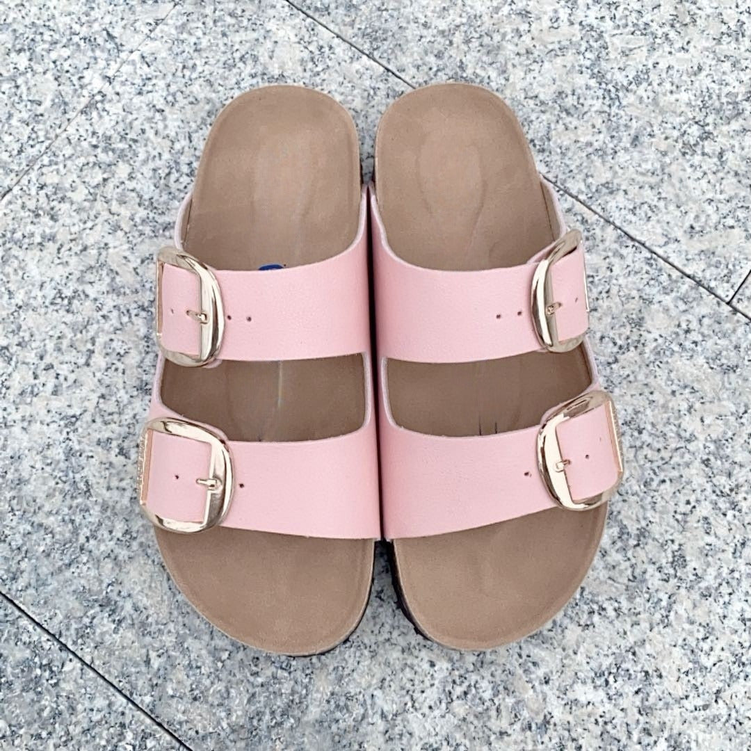 Women's New Fashion Joker Casual Double Buckle Design Thick Soled Slippers Have A Shoe Box.