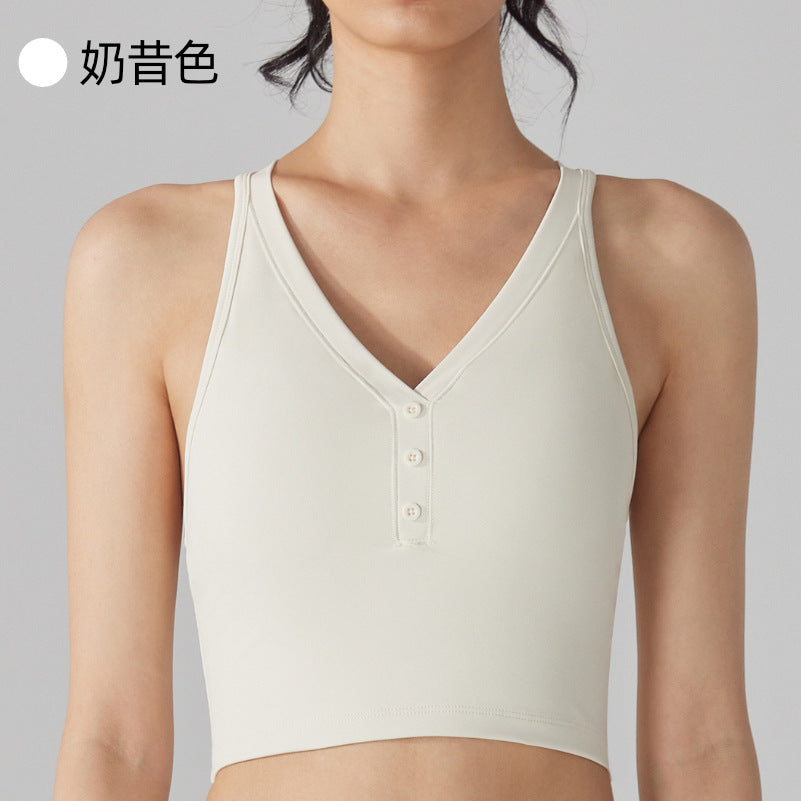 Women's New Fashion Joker Nude Antibacterial Chest Pad Sports Bra Cross Design Running Fitness Yoga Vest.