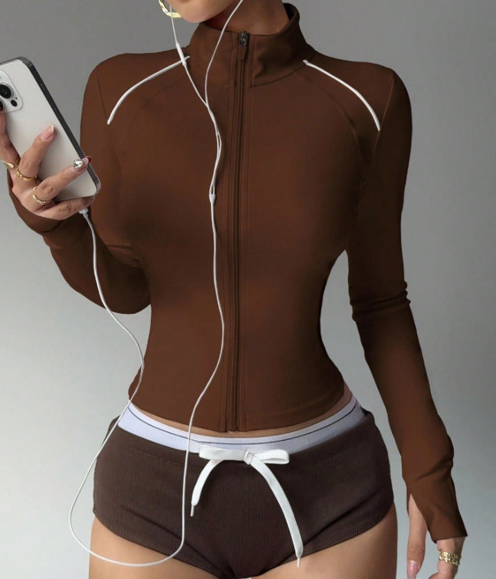 Women's Short Sports Yoga Slim Fit Stand Collar Long Sleeve Jacket