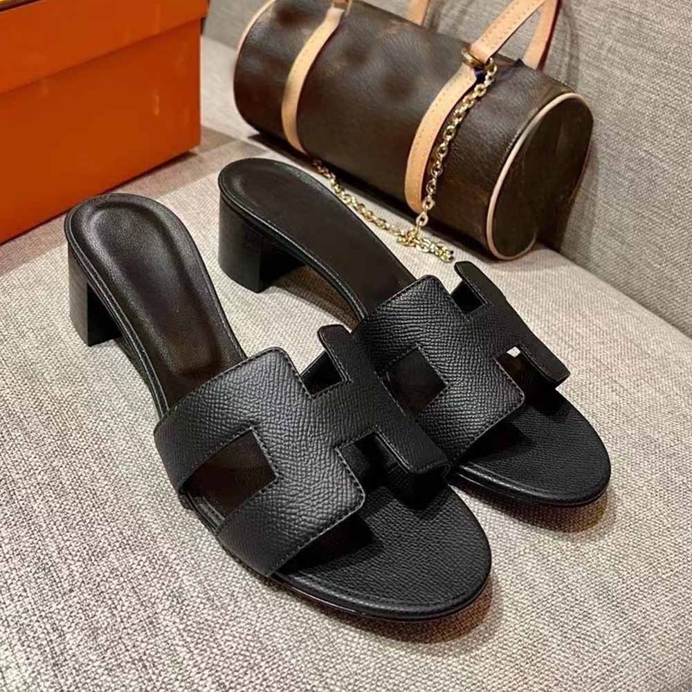 Women's New Fashion Joker Handmade Sewing Leather 5CM Heel High Thick Slippers Dry Heel Shoes Have A Shoe Box.