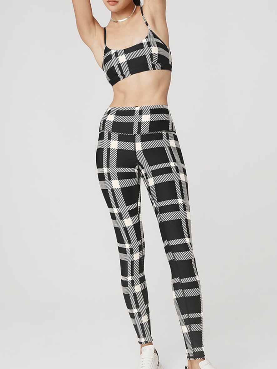 Set Women's New Fashion Plaid Yoga Clothes Women's Vest Sports Bra Underwear+running Fitness Pants Set