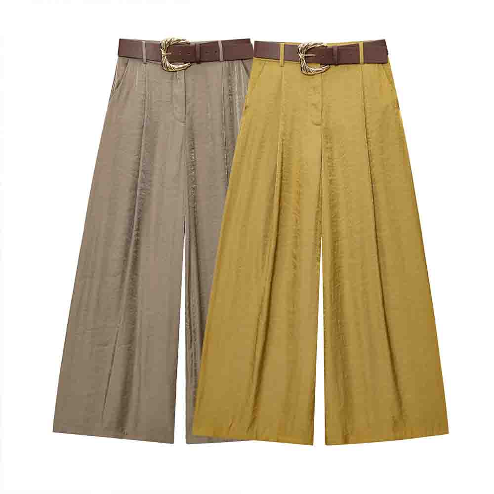 Women's chic Fashion With Belt loose satin texture wide leg pants