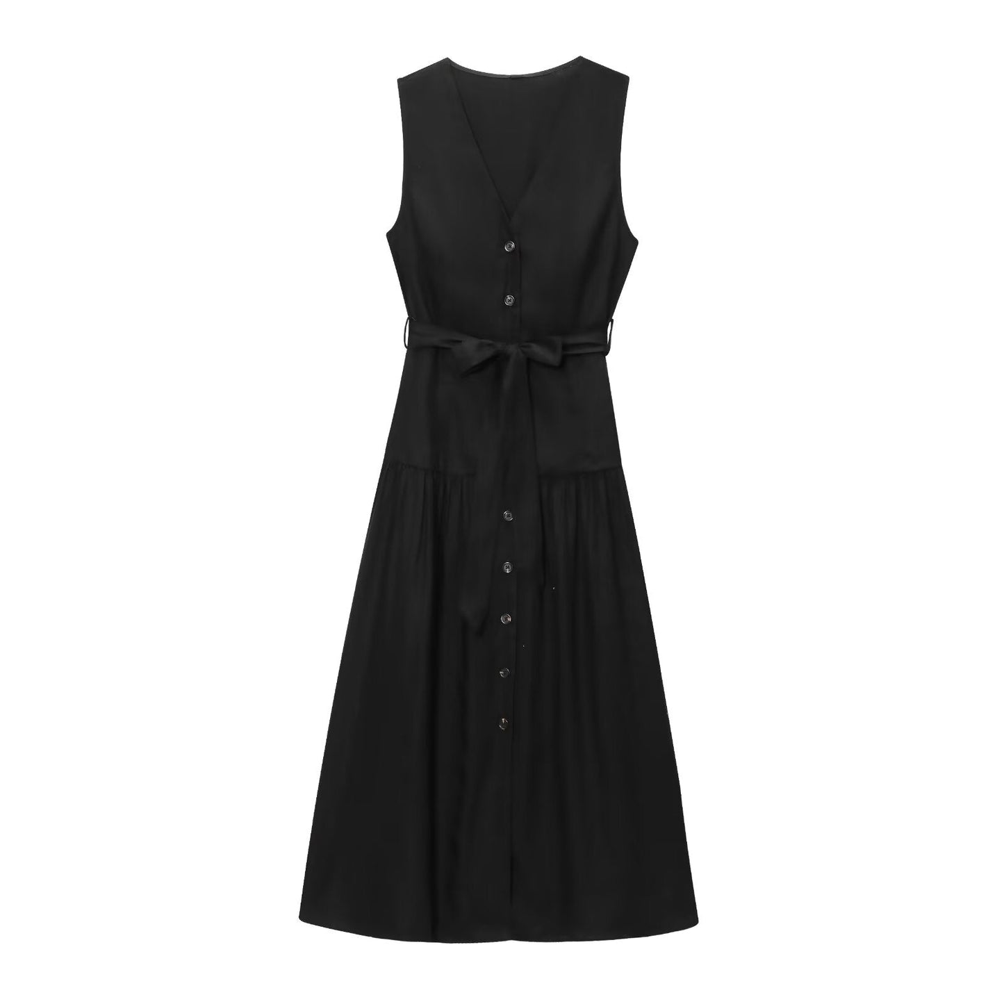 Women's New Fashion With Belt Sleeveless V-neck Linen Blended Midi Dress