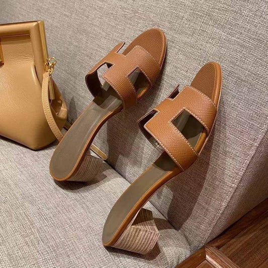 Women's New Fashion Joker Handmade Sewing Leather 5CM Heel High Thick Slippers Dry Heel Shoes Have A Shoe Box.