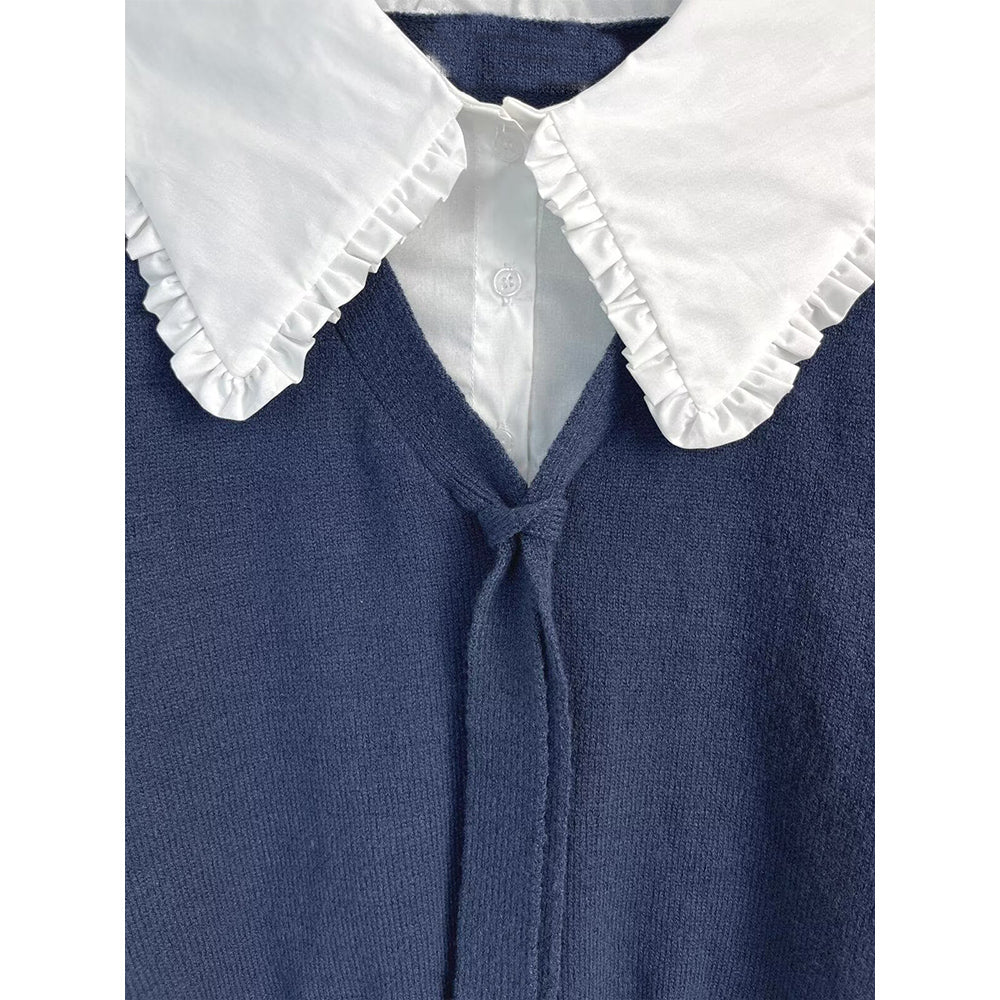 סוודר סריג קצר עם צווארון טלאים מנוגד לנשים