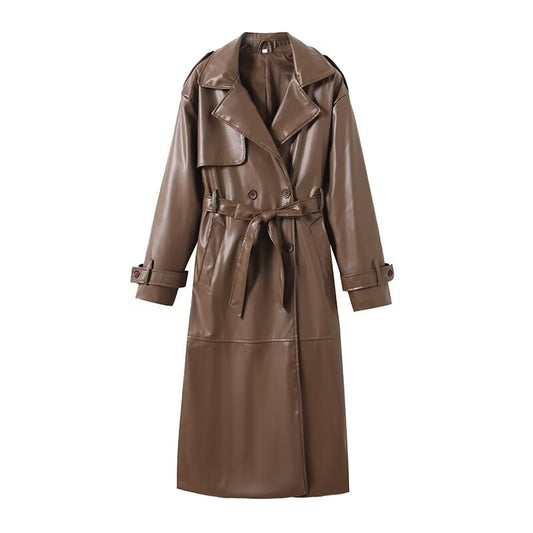 Women's new fashion with Belt long style double breasted faux leather Windbreaker Coat