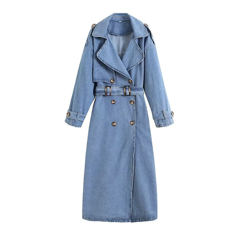 Women's new fashion with Belt long style double breasted denim Windbreaker coat