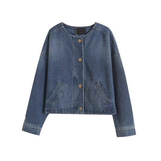 Women's casual short O Neck denim jacket Coat