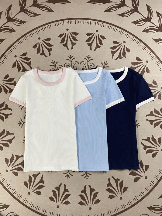 Women's cotton embroidered T-shirt short sleeve slim top
