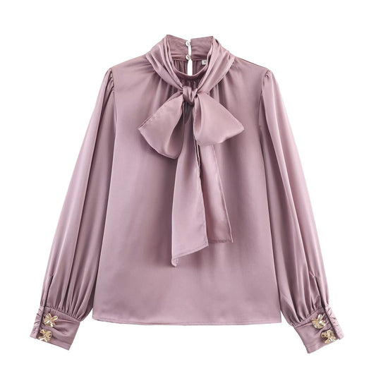 Women's new fashion bow decoration casual satin texture shirt
