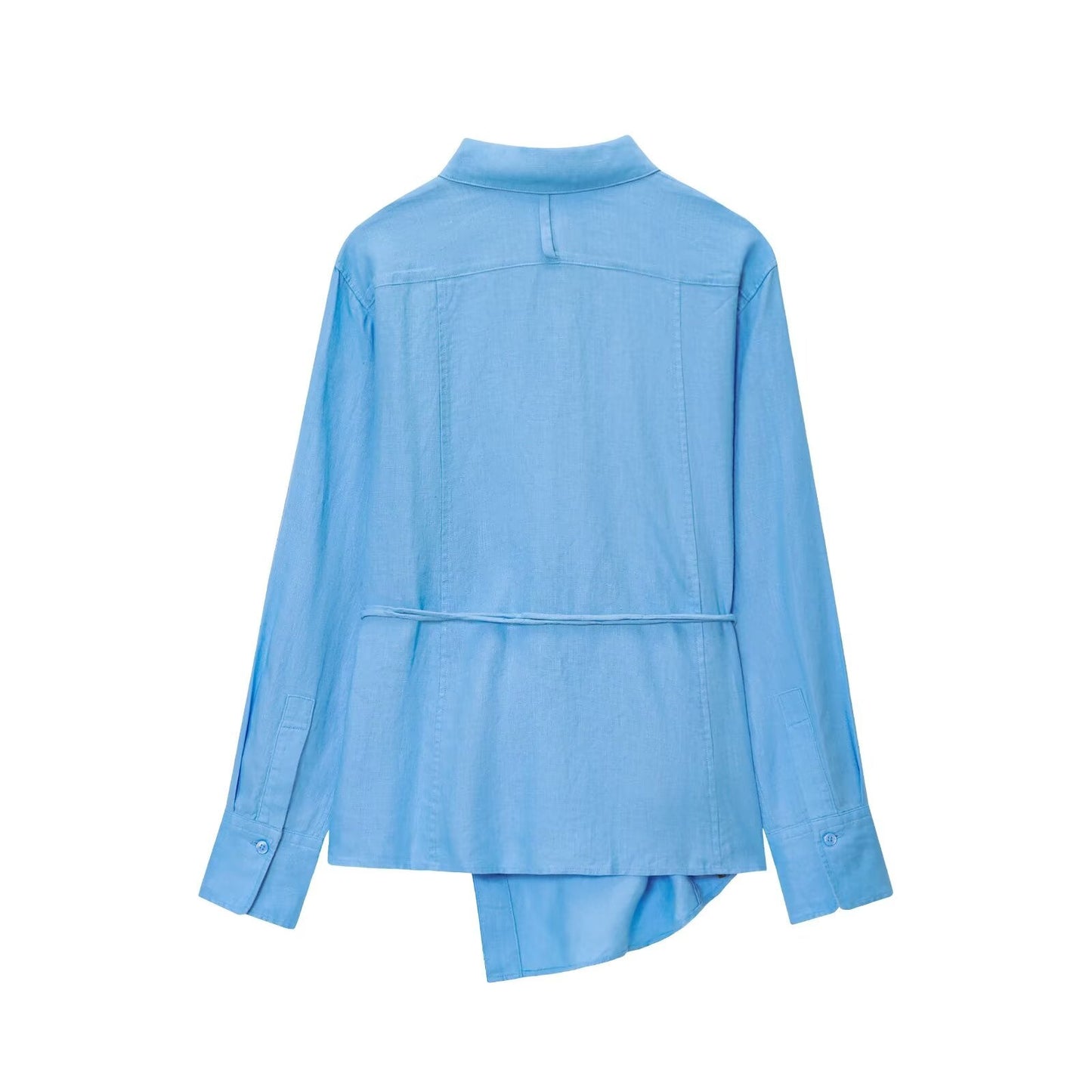Women's new fashion With Belt asymmetric hem loose linen blend shirt