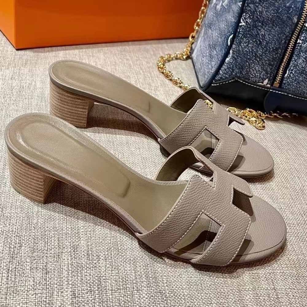 Women's New Fashion Joker Handmade Sewing Leather 5CM Heel High Thick Slippers Dry Heel Shoes Have A Shoe Box.