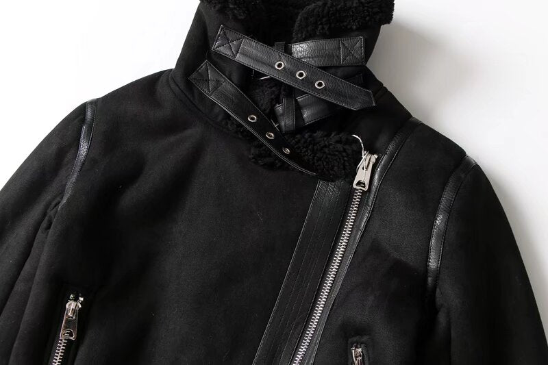 Women's with Belt loose warm Fur Faux Leather jacket Coat