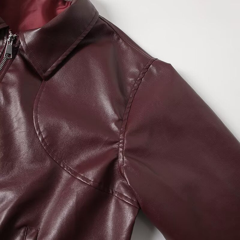 Women's new fashion loose Lapel zipper Faux Leather jacket Coat