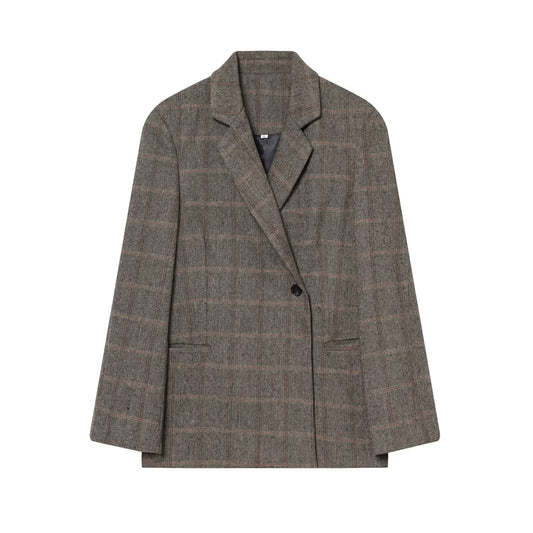 Women's loose wool blended plaid Blazer Coat