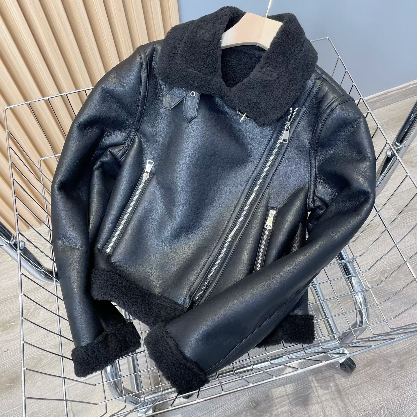 Women's black double-sided Fur Faux Leather jacket Coat