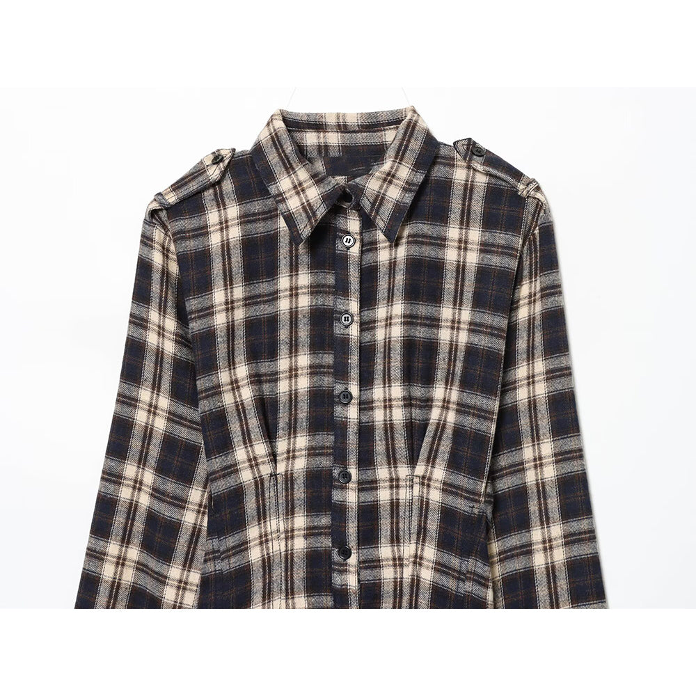 Women's casual shirt style pleated checkered MIDI dress