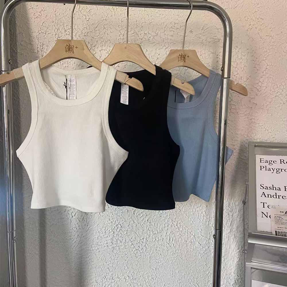 Women's new fashion Joker short yoga clothing sports vest knitted thread fitness running back sling top.