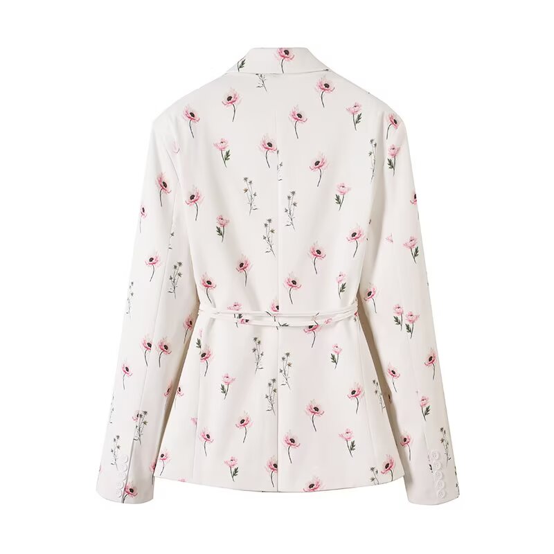 Women's new fashion with Belt loose print Button-up suit jacket