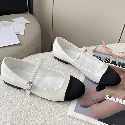 Women's New Fashion Joker Round Head Contrast with Bare Instep Mary Jane Thin Shoes Have A Shoe Box.