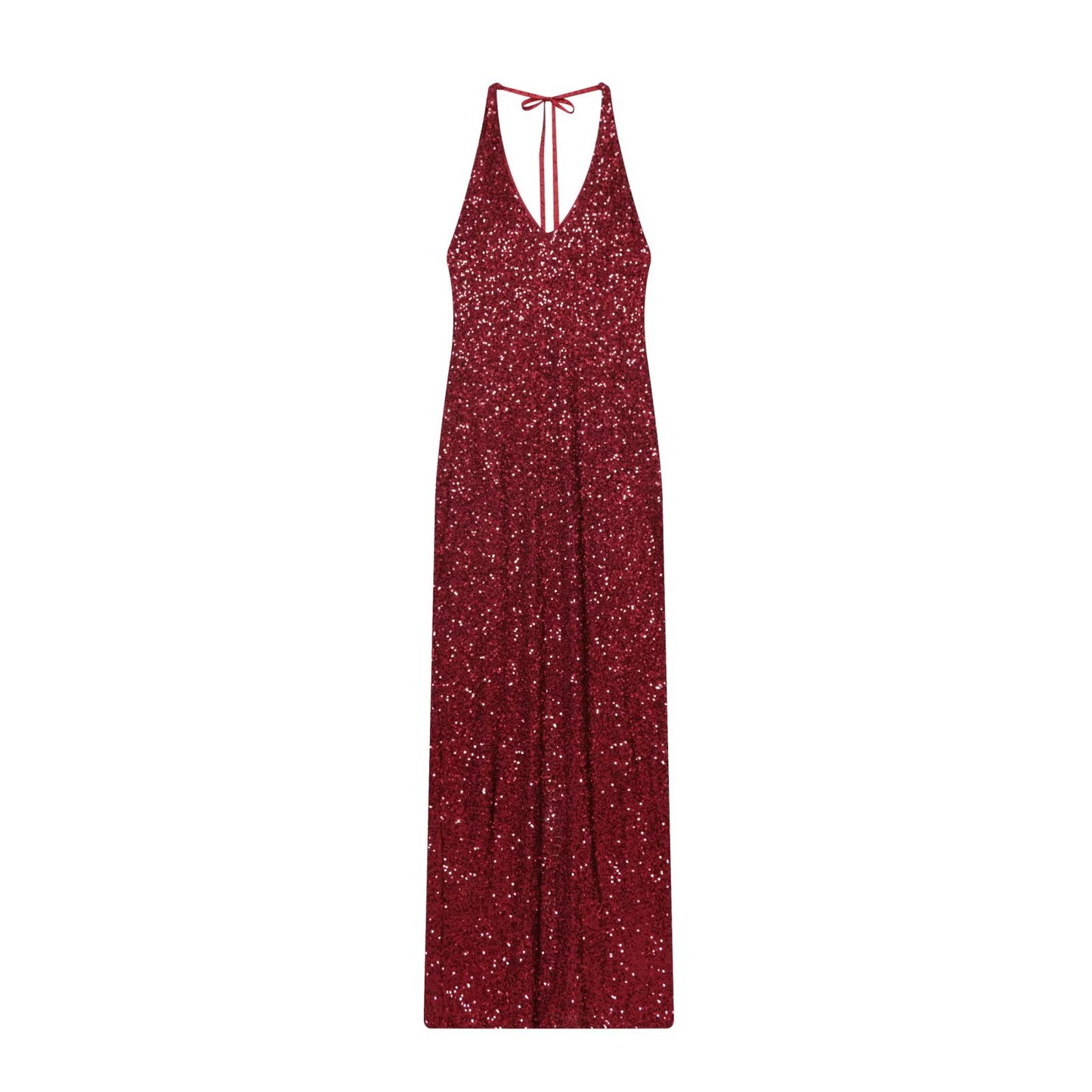 Women's pearl decoration hanging neck MIDI dress
