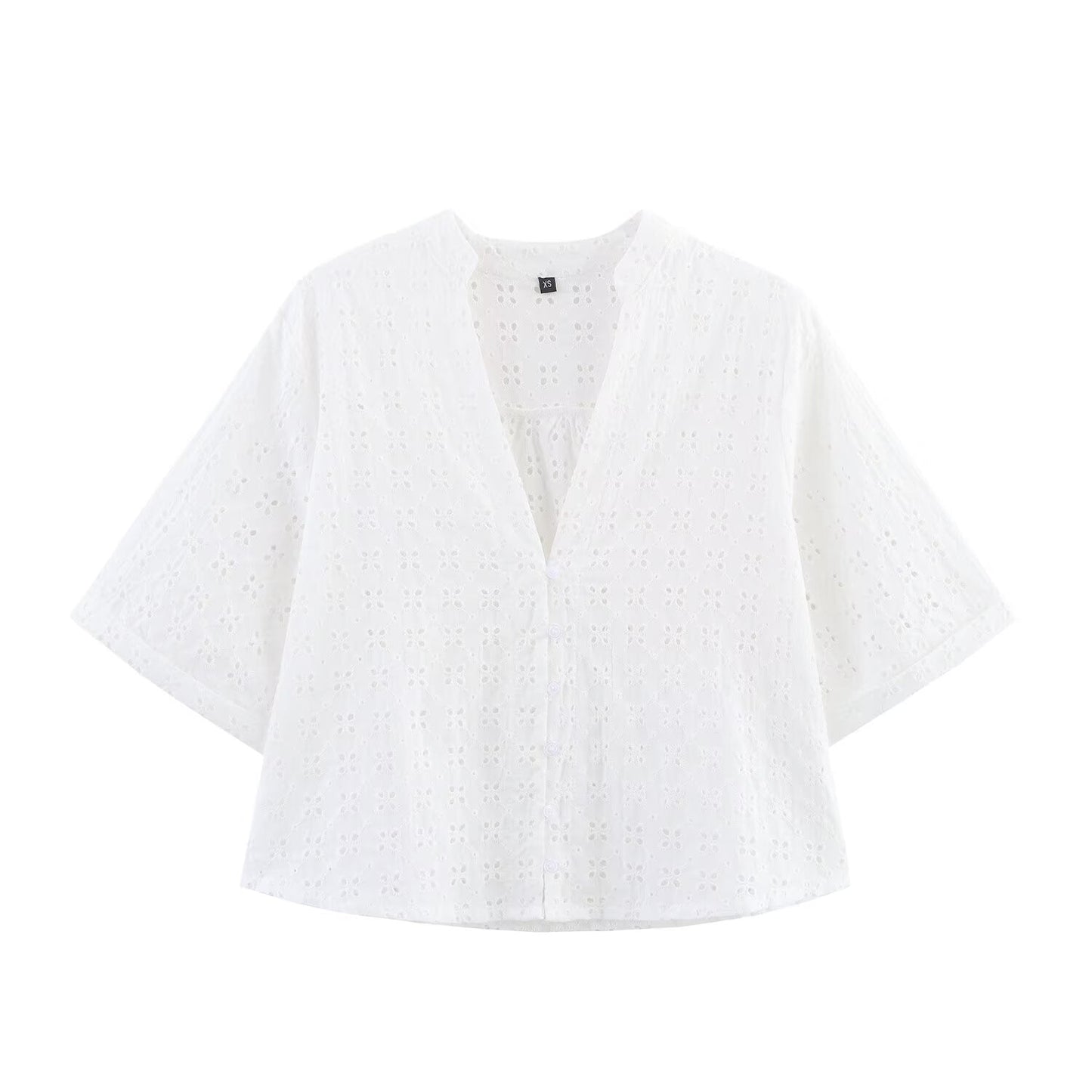 Women's new fashion short sleeved V-neck hollowed out embroidered shirt+Pants suit