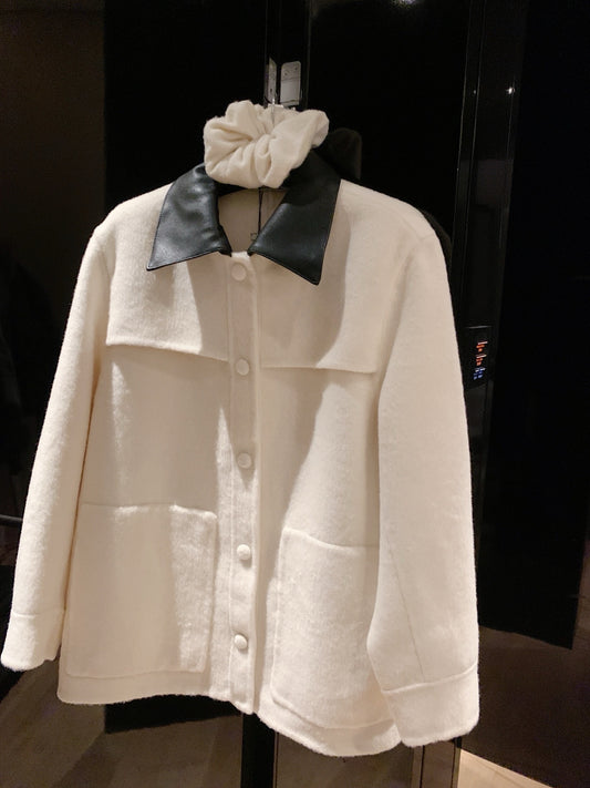 Women's new double-sided stitching leather collar coat