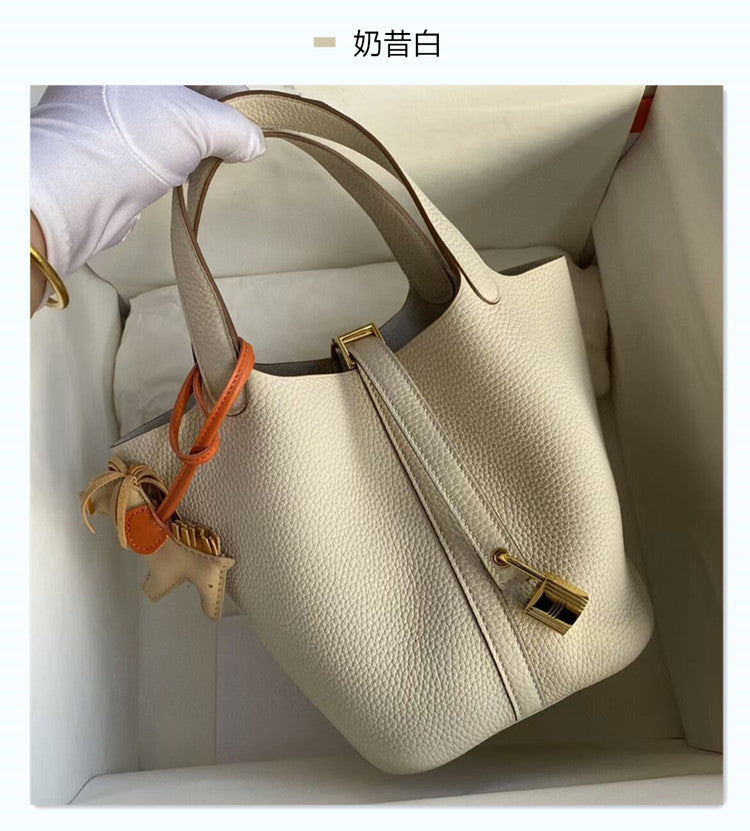 Women's New Casual Fashion Bucket Bag Leather First Leather Portable Shopping Basket Bag