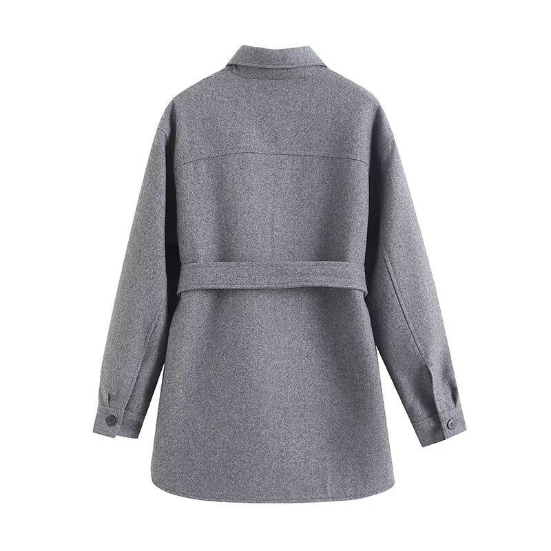 Women's with Belt wool blended flannel shirt Coat
