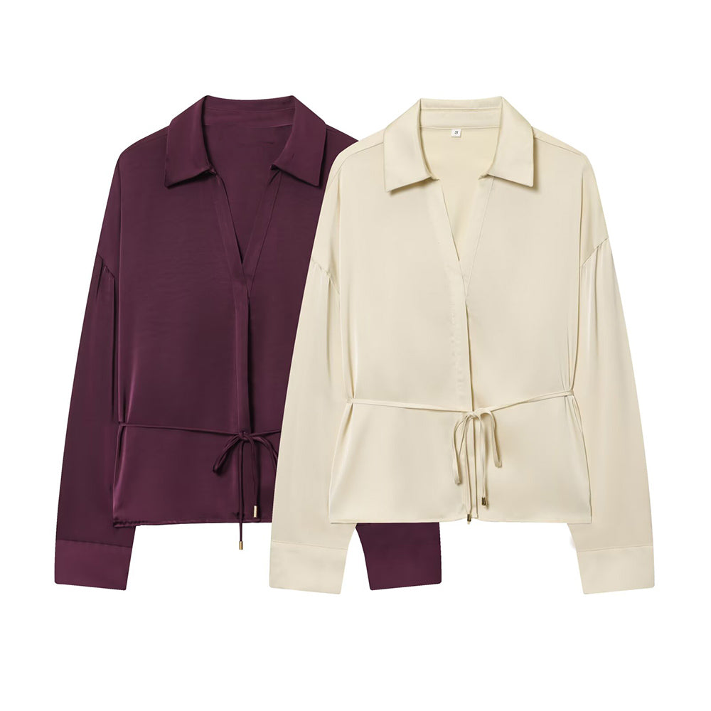 Women's New Fashion With Belt Satin Texture Lapel Shirt