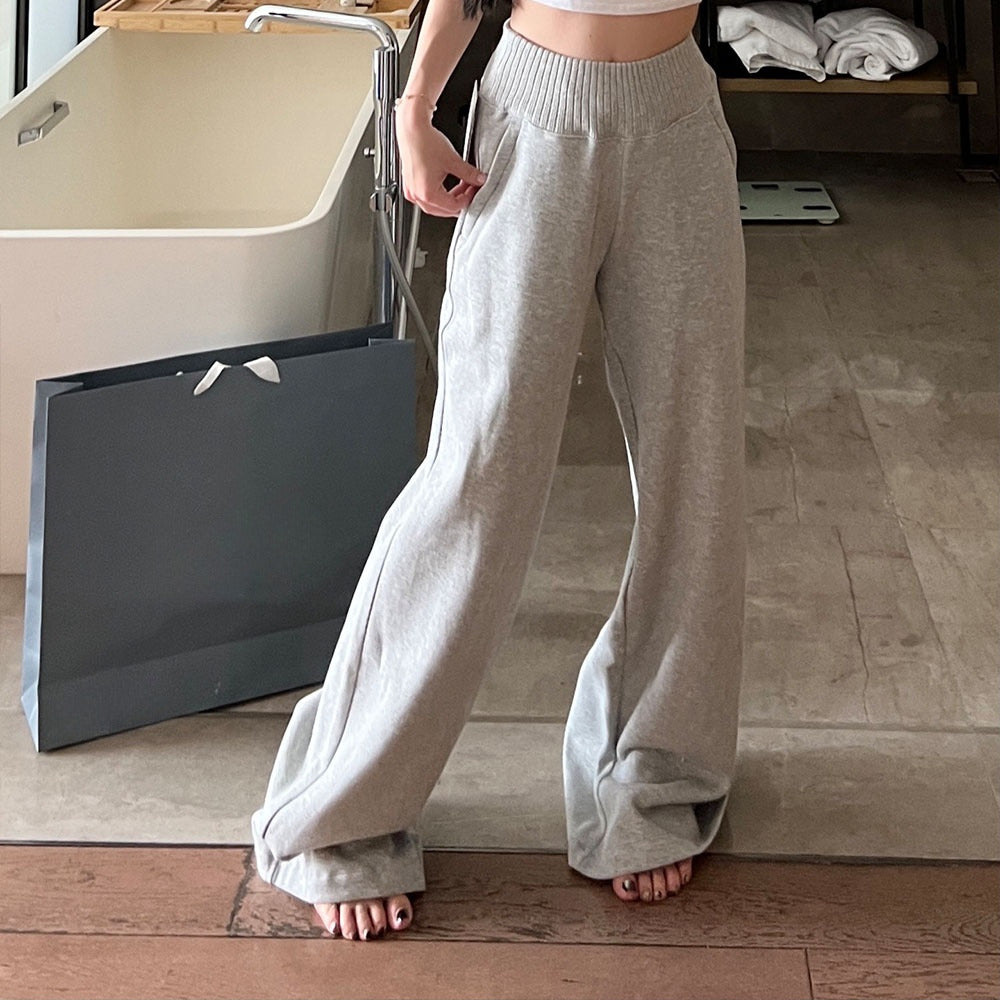 New women's versatile patchwork fleece-lined wide-leg pants