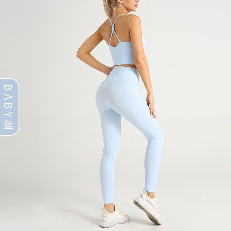 חליפת יוגה חדשה לנשים בצבע עירום, חזייה ספורטיבית עם גב מוצלב, בצבע אפרסק, בגזרת יוגה גבוהה, בגזרת יוגה עם גב מוצלב, בגזרת יוגה בגזרה גבוהה