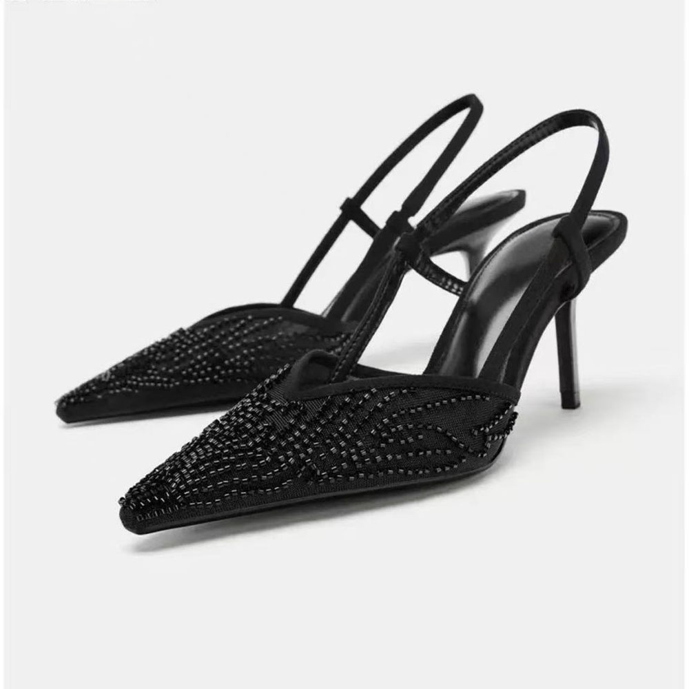 2026 New Style Mesh Breathable Embroidered Beaded Pointed Toe Sandals for Women with High Heels