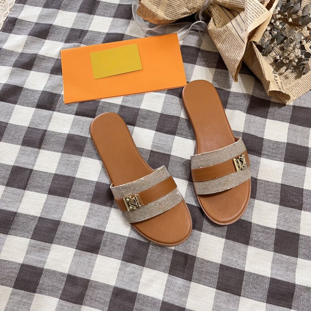 2025 Women's New Fashion Joker Metal Accessories Thin Bottom Flat Slippers With box