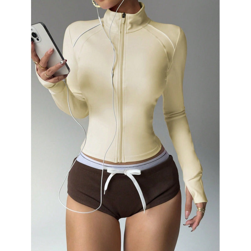 Women's Short Sports Yoga Slim Fit Stand Collar Long Sleeve Jacket
