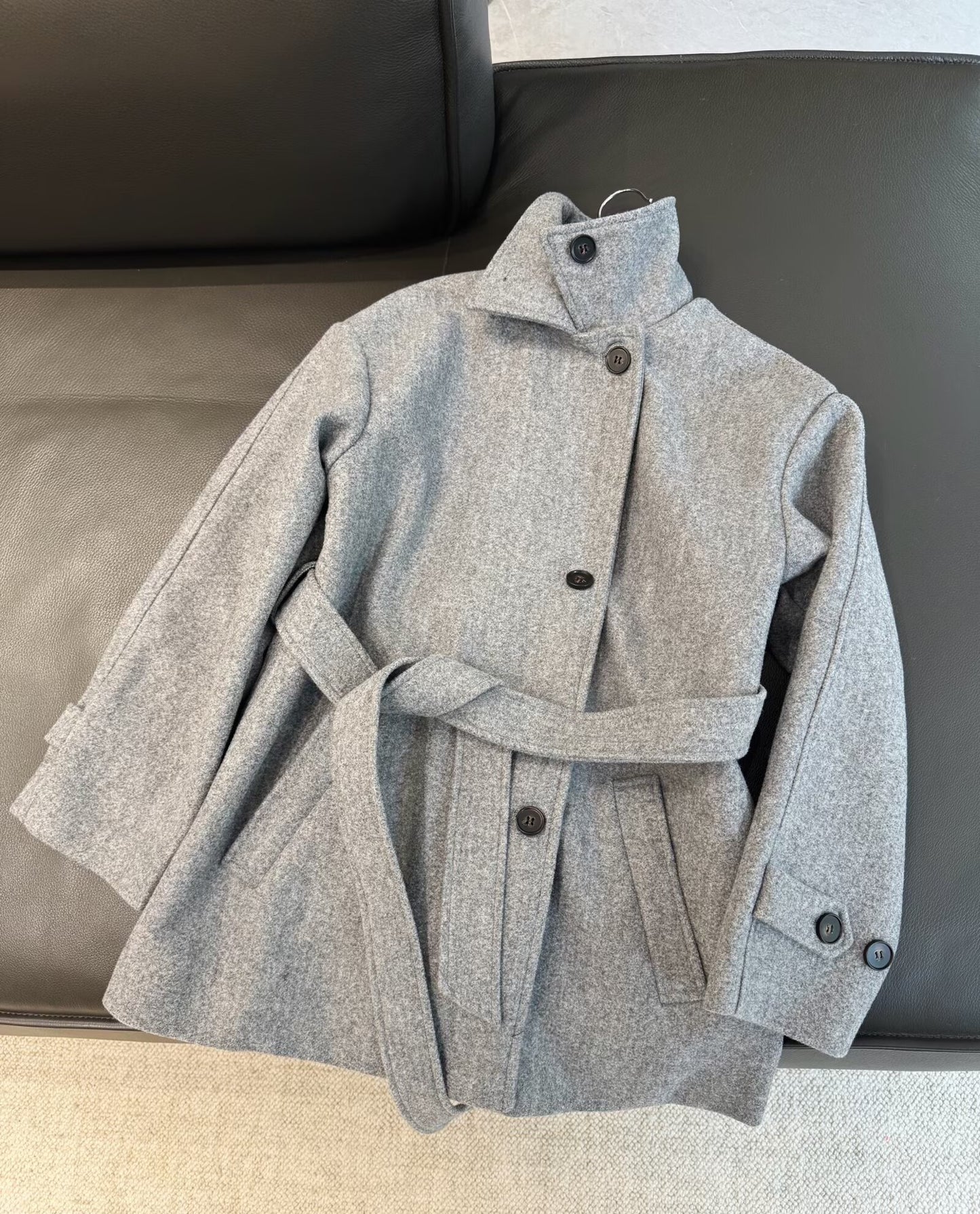 Women's New With Belt Double layered collar Soft Texture Coat