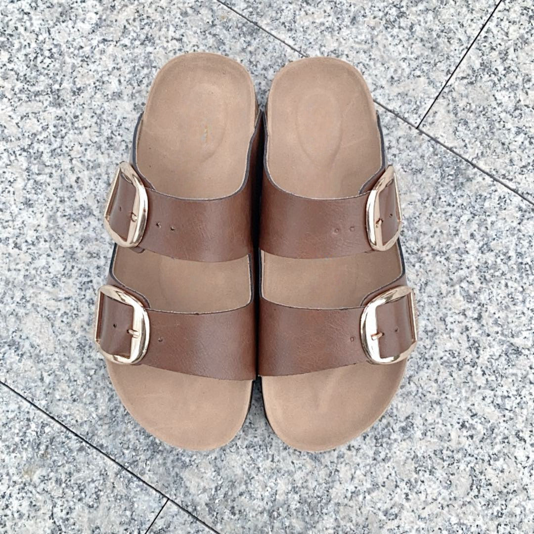 Women's New Fashion Joker Casual Double Buckle Design Thick Soled Slippers Have A Shoe Box.