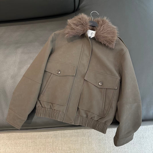 Women's new Anti suede effect detachable fur collar jacket Coat