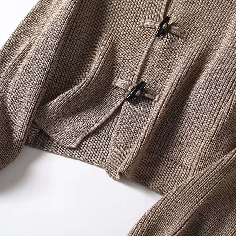 Women's new fashion casual cow horn button coarse knitted cardigan