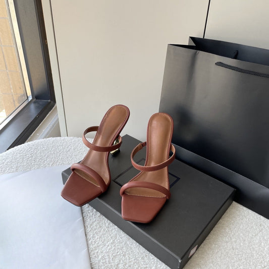 Women's New Fashion Temperament Joker Letters Metal Heel Design High Heels Sandals have a shoe box