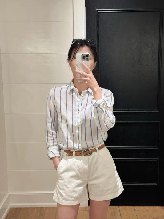 חולצה ארוכת שרוולים ורפויה לנשים חדשה בסגנון ג'וקר עם רקמת כותנה ופסים.