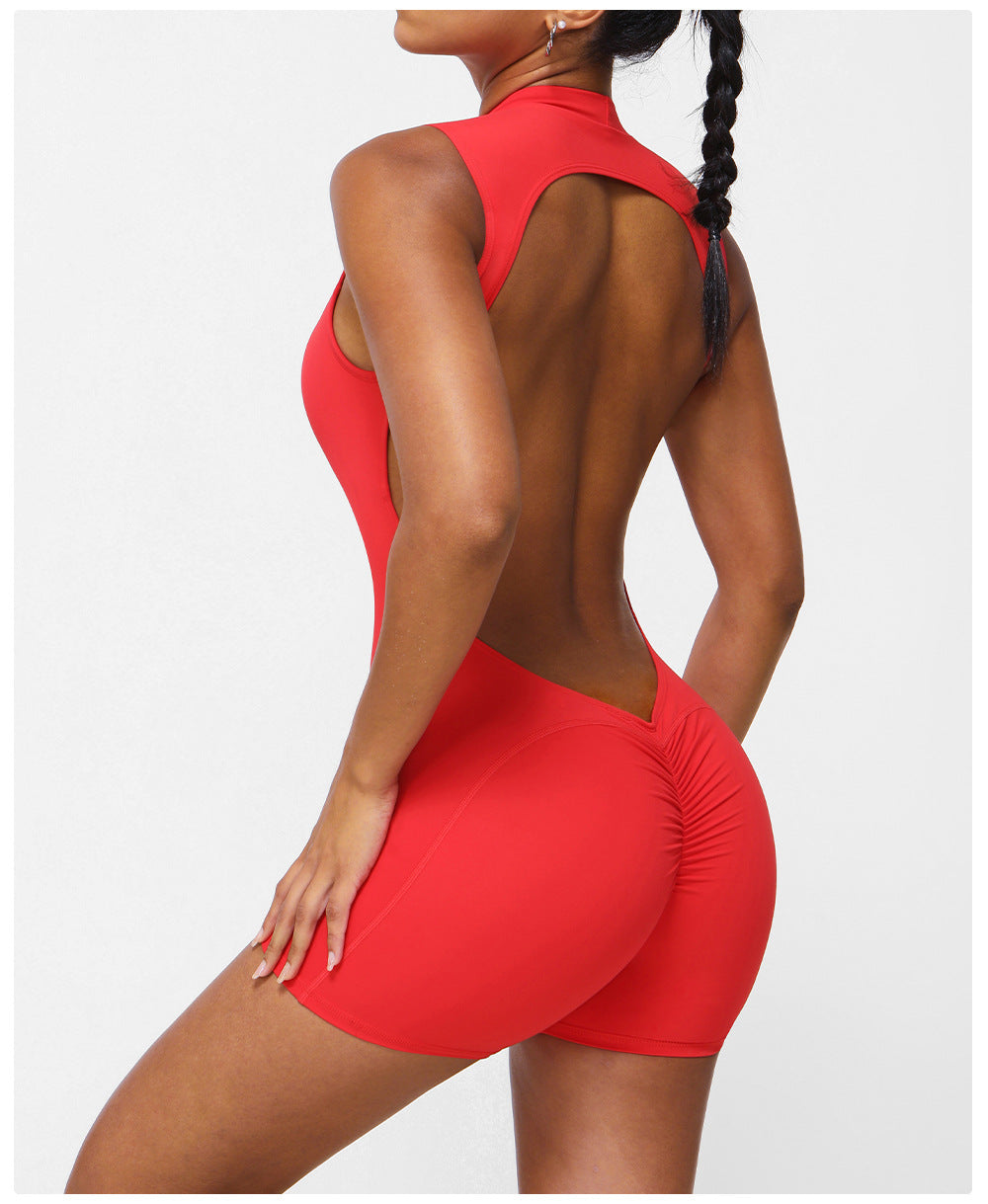 Women's New Fashion Big Backless Tight Sleeveless Yoga Jumpsuit Hip Wrinkle One-piece Indoor Training Fitness Clothes.