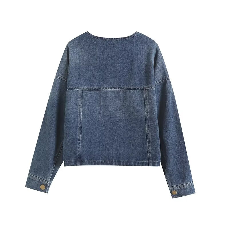Women's casual short O Neck denim jacket Coat