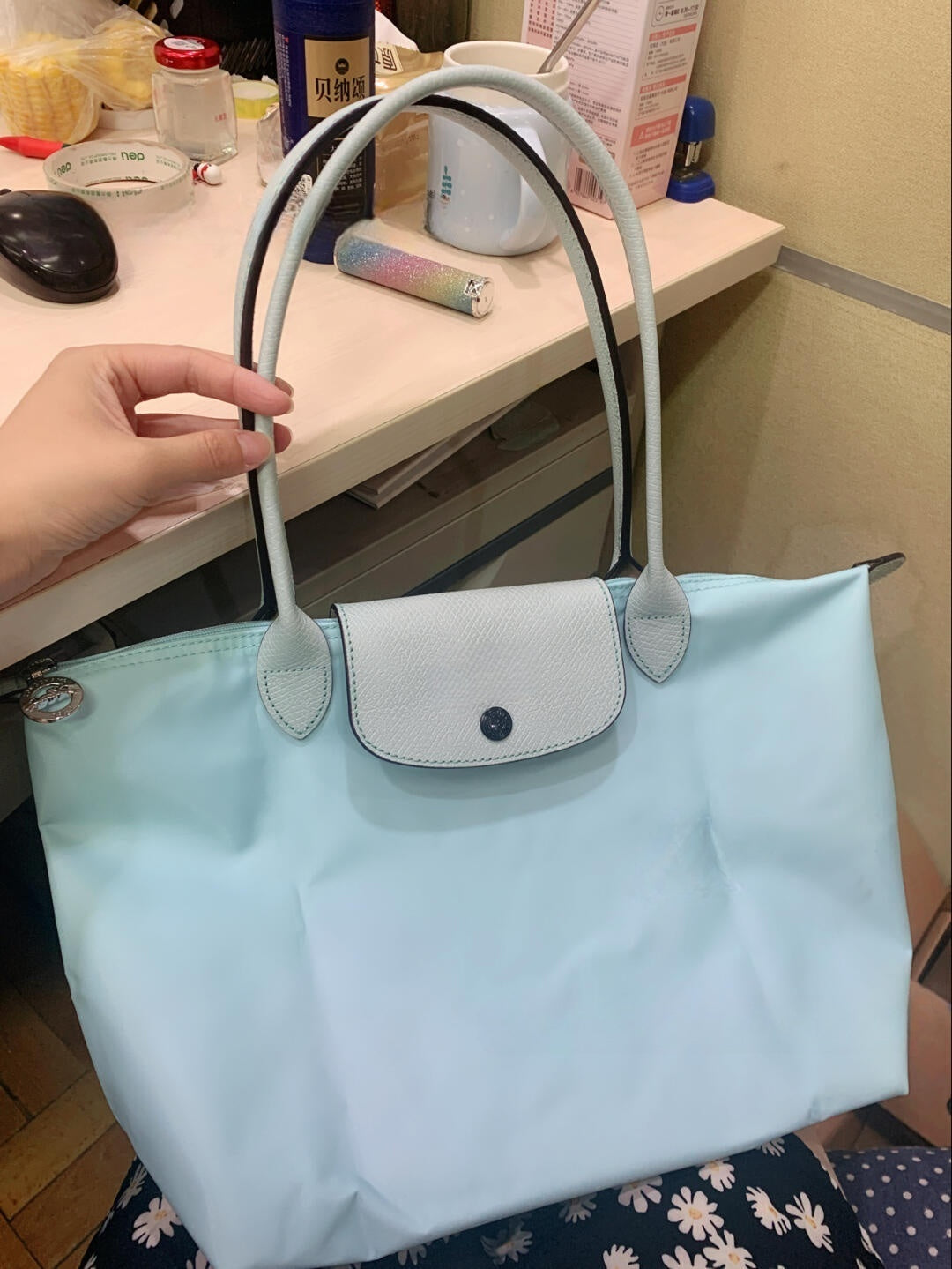 Women's New Joker Nylon Jiaozi Handbag Embroidered Large Tote Waterproof Folding Shoulder Bag.