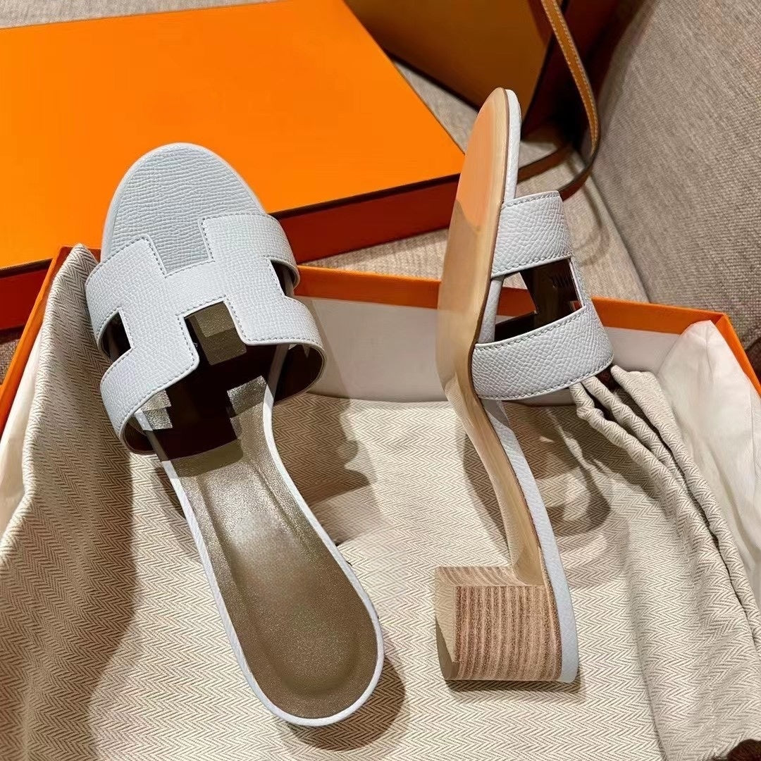 Women's New Fashion Joker Handmade Sewing Leather 5CM Heel High Thick Slippers Dry Heel Shoes Have A Shoe Box.