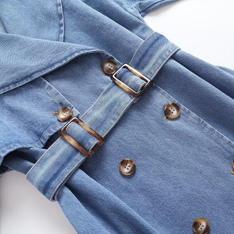 Women's new fashion with Belt long style double breasted denim Windbreaker coat