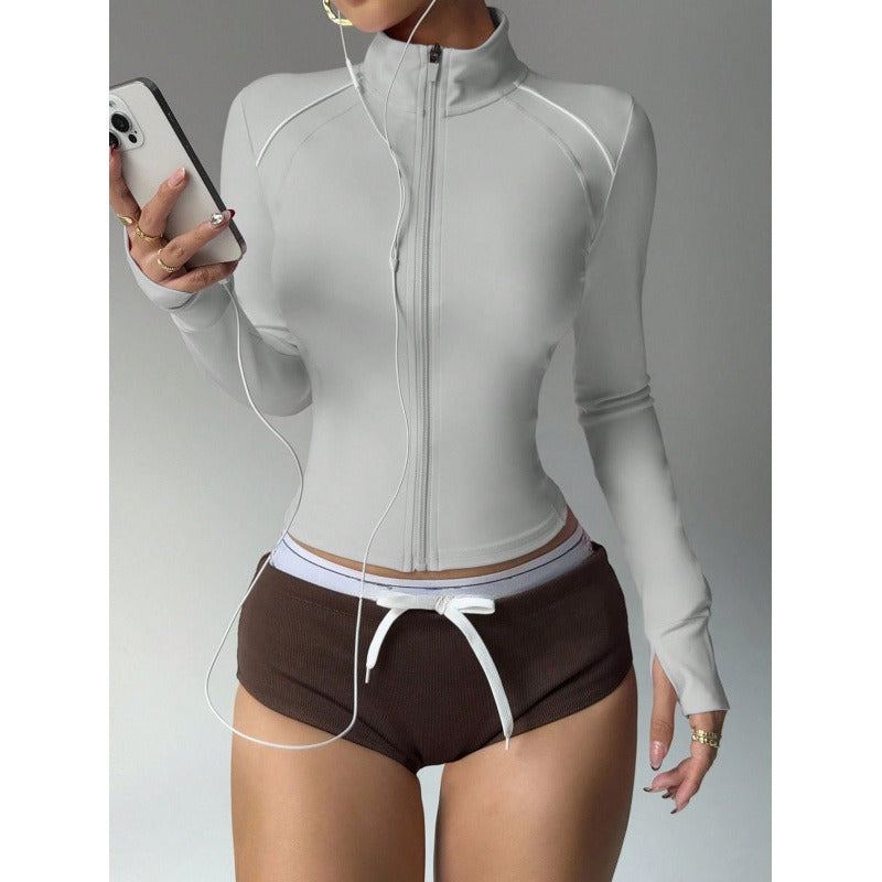 Women's Short Sports Yoga Slim Fit Stand Collar Long Sleeve Jacket