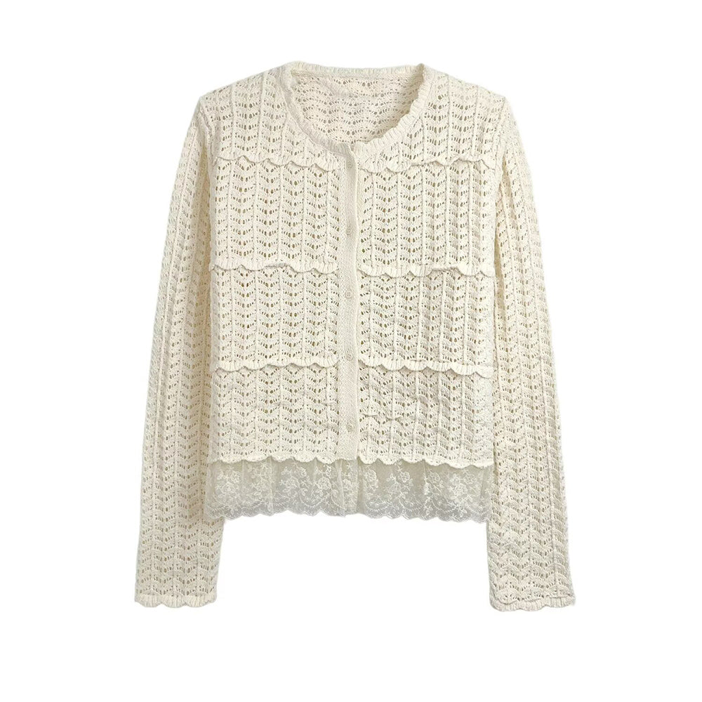 קרדיגן סרוג עם שרוולים ארוכים וצווארון O לנשים, שוליים טלאים