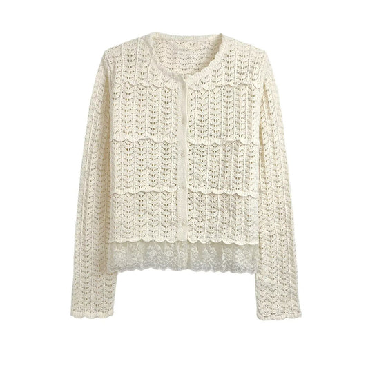 קרדיגן סרוג עם שרוולים ארוכים וצווארון O לנשים, שוליים טלאים